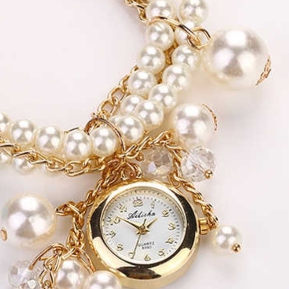 Ashiana Style Gold and Pearl Bracelet Watch with Blue Rose Charm - Picture 3 of 10